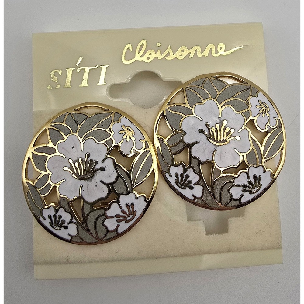 Vintage SITI Cloisonne Floral Clip On Earrings Gold Tone Taiwan 1.5" -3585